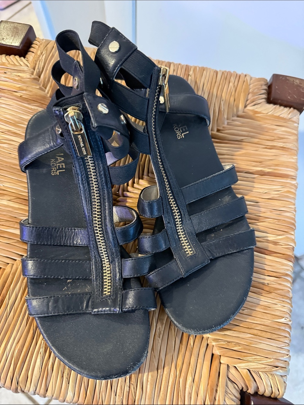 Michael Kors Black Strappy Leather Sandals with Gold Zipper Detail